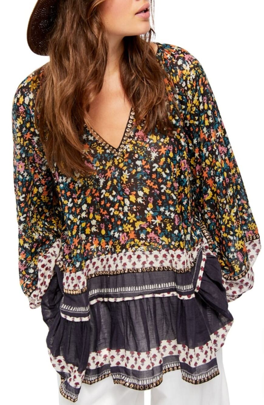Free people floral black gold trim tunic mini dress Xsmall